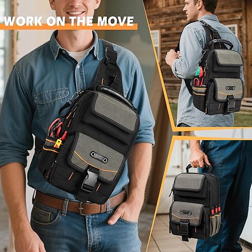 Miniatura 5 de Bolsa de herramientas para electricista, organizador de herramientas HVAC con cremallera con mango ergonómico y correa para el hombro para técnicos