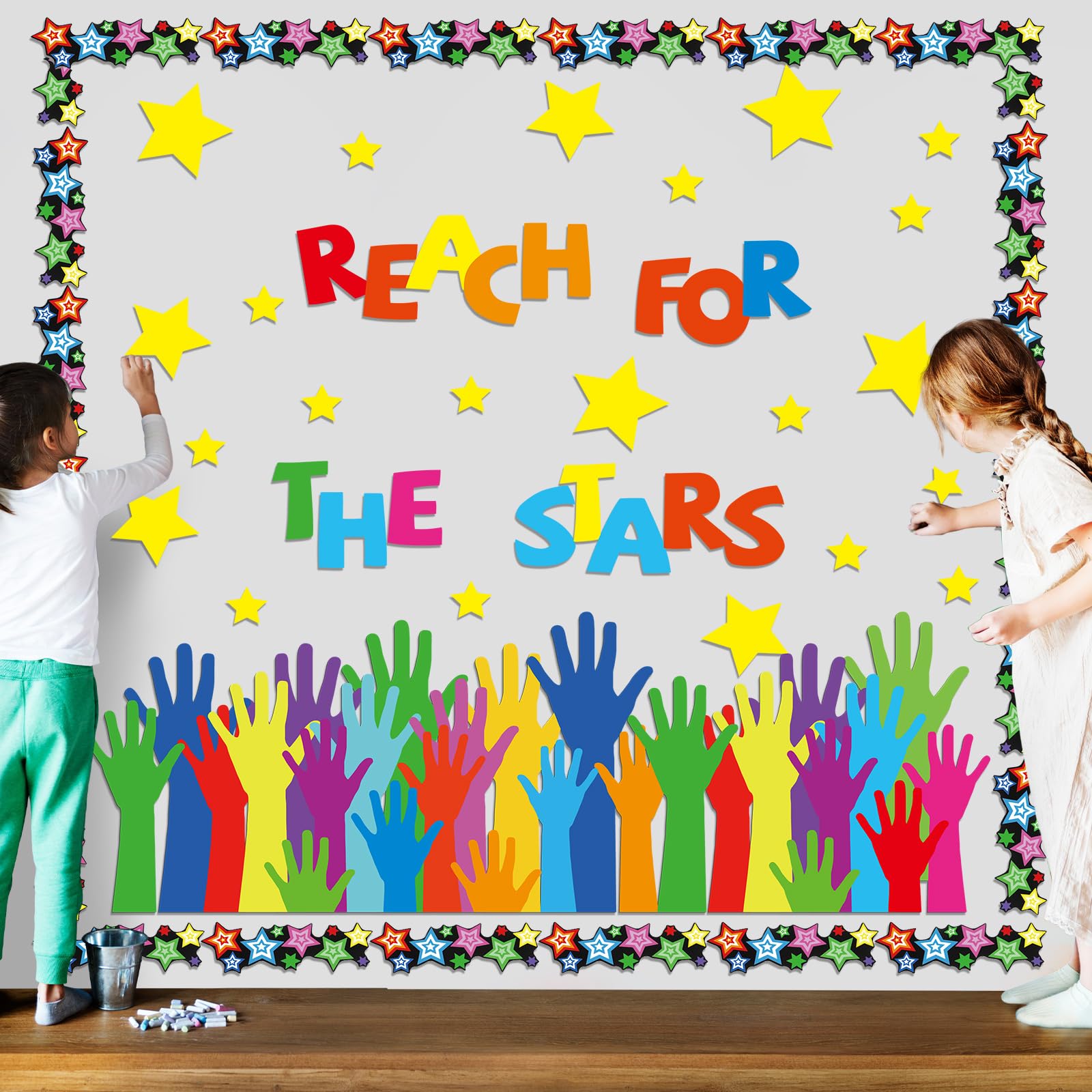 Pinnwand-Set „Reach For The Stars“ Mit Handabdrücken – Bunte Klassenzimmer-Deko, 136 Teile