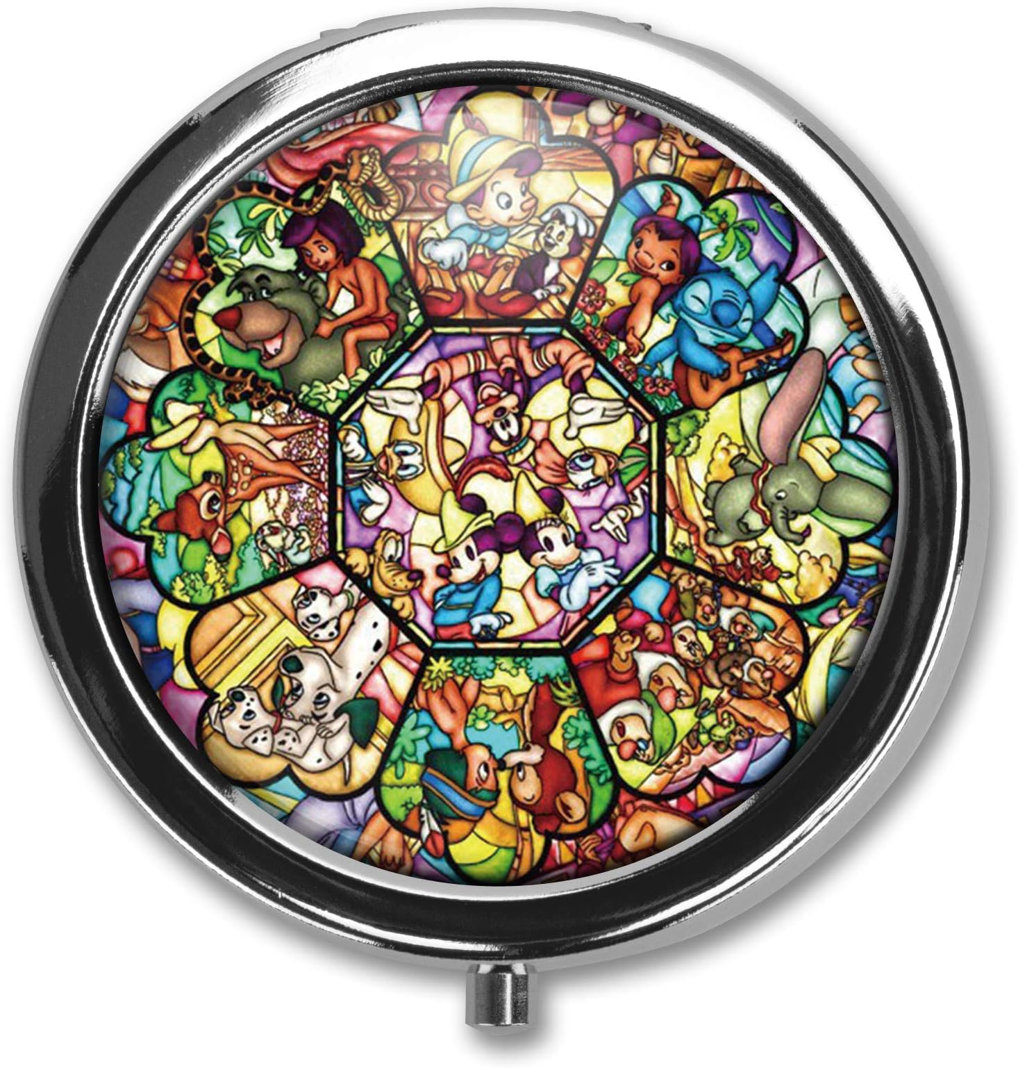 Hanbalin - Disney Glass Custom Round Silver Pill Box Pocket 2.1 inches Medicine Tablet Holder Organizer Case for Purse
