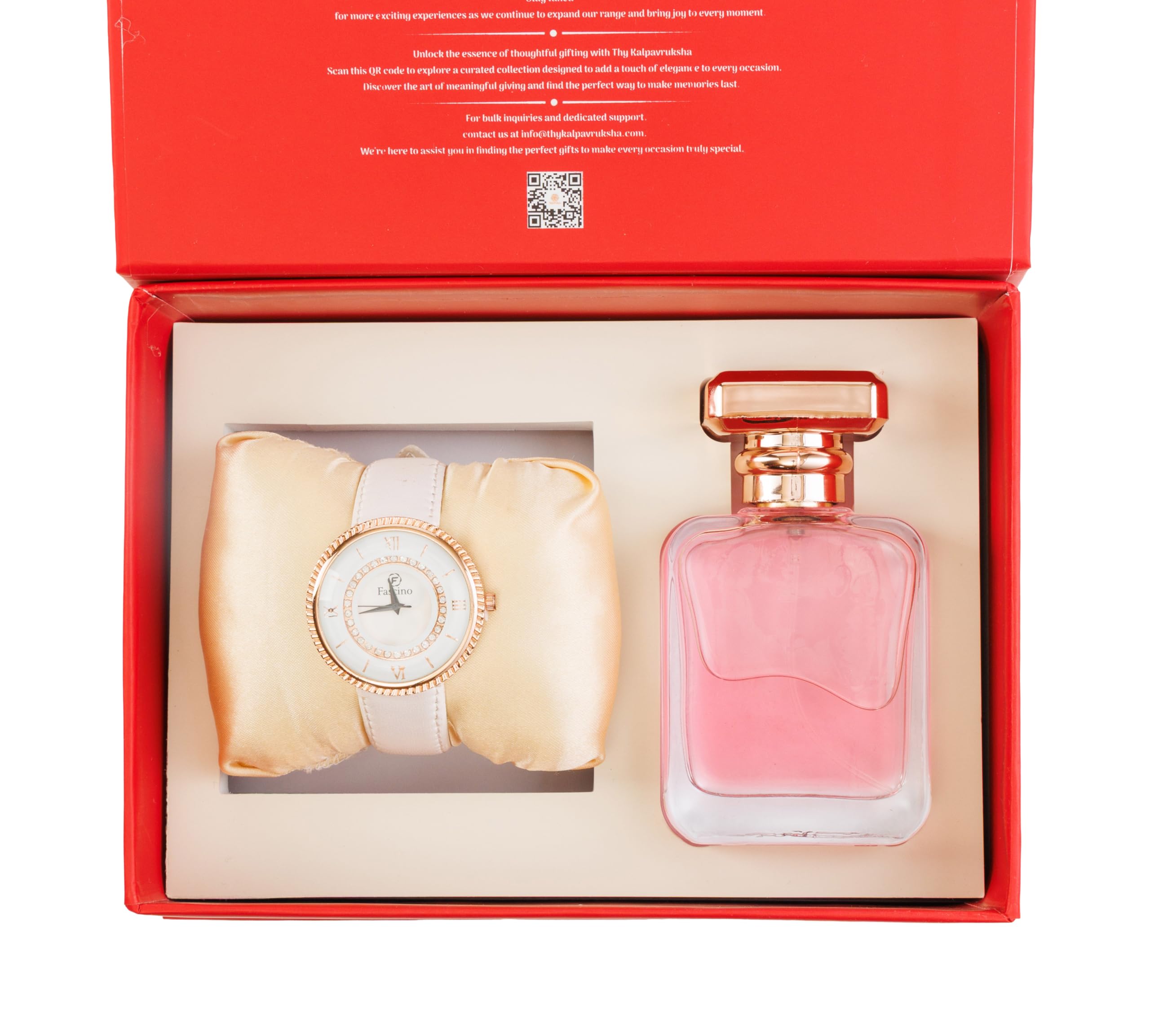 Thy Kalpavruksha Women’s Gift Set – White Leather watch with Rose Gold Designer Dial & long Lasting Perfume Bottle in Elegant Red Gift Box – Ideal for Birthday, Raksha Bandhan, Anniversary & Gifting