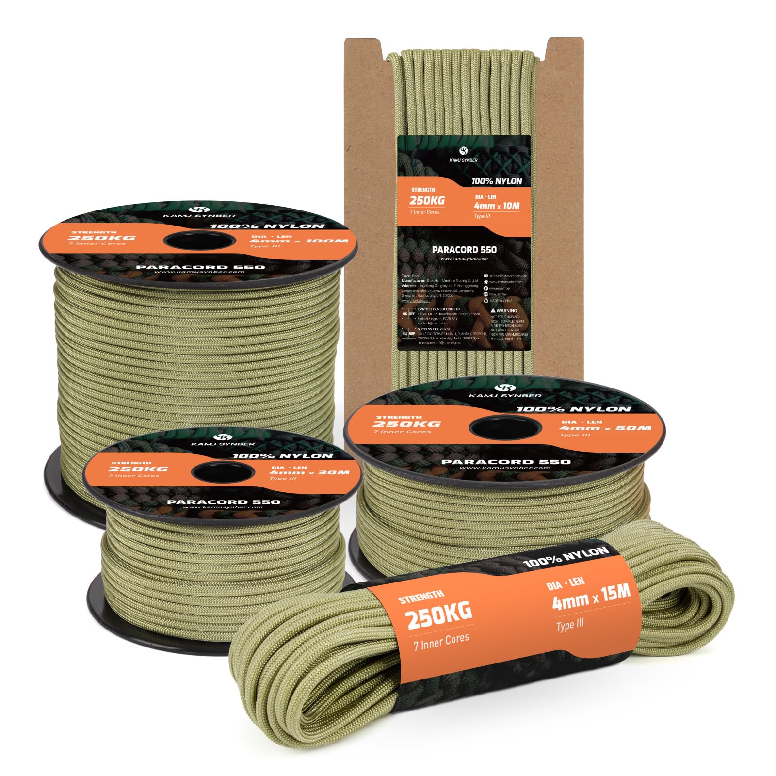 Kamu Synber 550 Paracord 4mm 10m Type III 7 Strands 100% Nylon Rope Parachute Cord Ideal for Crafting, DIY, Camping, Survival, Outdoor | Support 250kg | Holy Guacamole