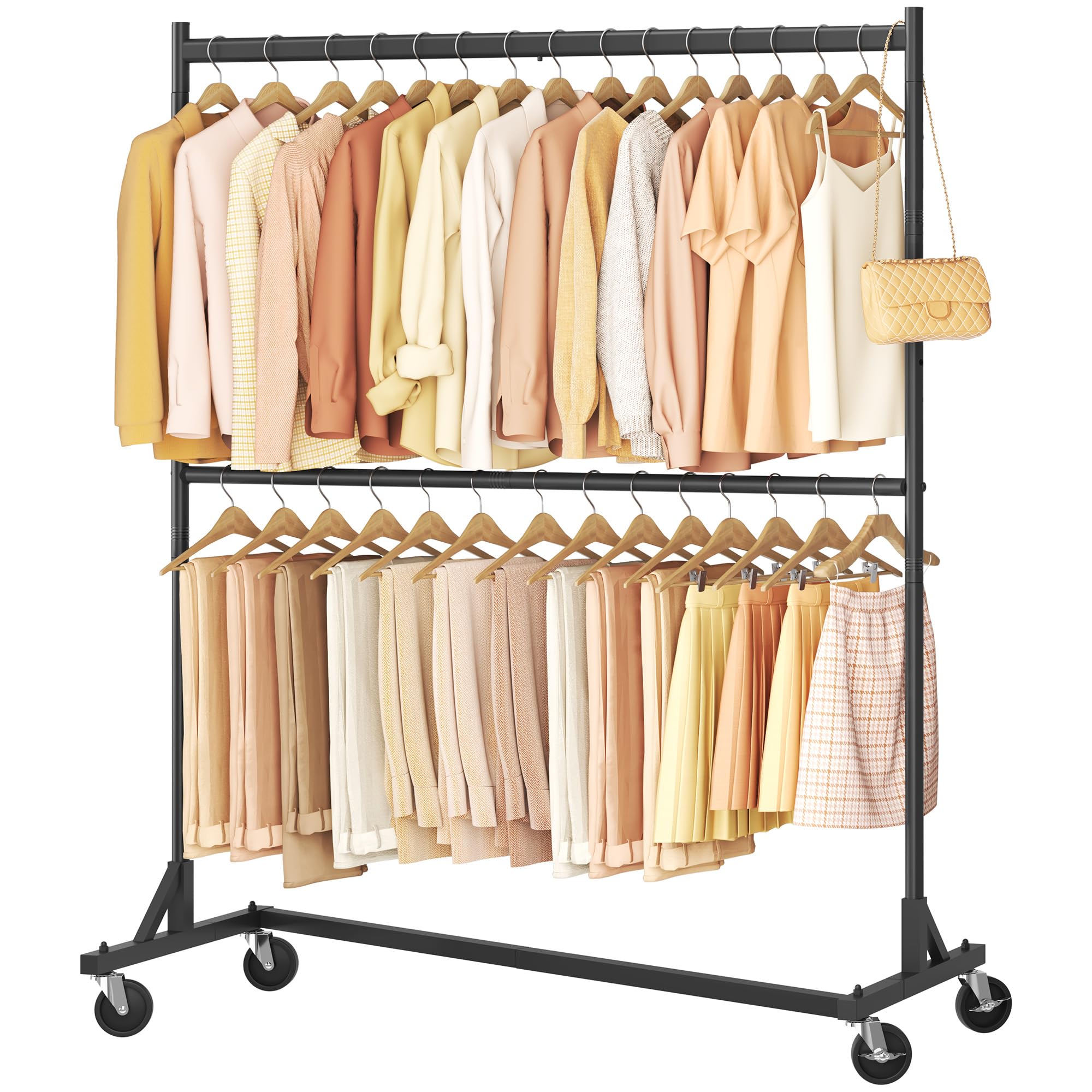 Hoctieon Schwerlast Kleiderständer auf Rollen, Kleiderstangen Stabil aus Metall, Garderobenständer für Schlafzimmer, Clothes Drying Rack für Mäntel, Röcke, Hemden, Pullover, Schwarz