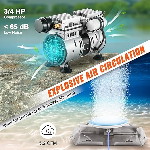 Miniatura 3 de VEVOR Potencia de 550 W 52 CFM para lago de hasta 3 acres de 50 pies kit de aireación de estanque incluye tubos pesados de 34 HP de 100 pies y 2