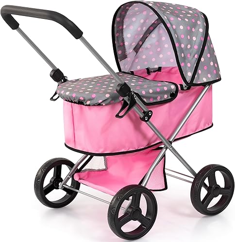 Bayer Diseño Cochecito de muñeca Go - Rosa-Gris-Lunares - Funda para capazo, cesta de la compra, juguete plegable, accesorio para cochecito de juego