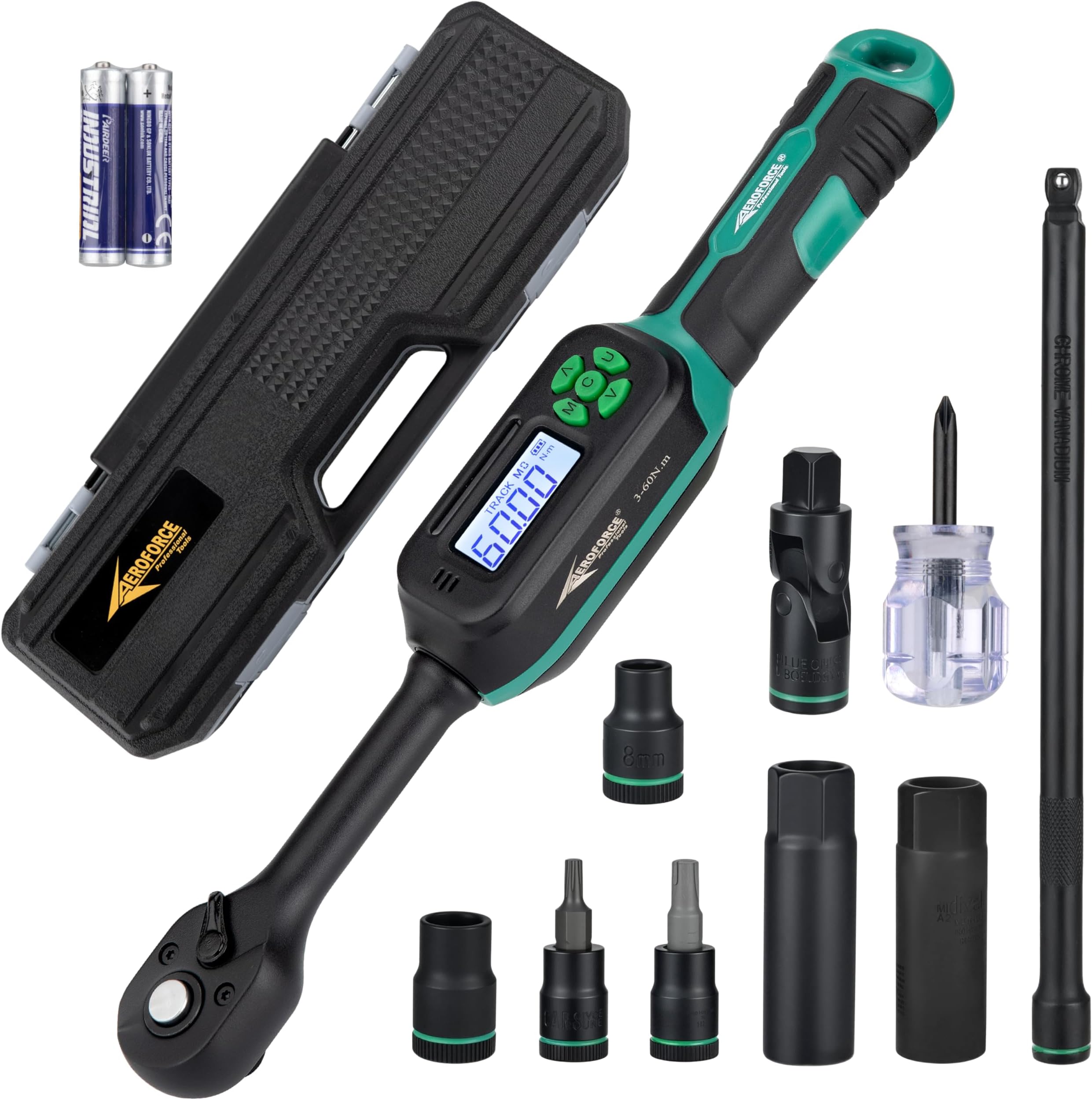 AEROFORCE 9PCS Magnetic Spark Plug Socket Set with a 3/8" Drive Digital Torque Wrench (6.8-135Nm), Includes 12-Point 14mm & 16mm Spark Plug Sockets for cars, motorcycles, lawnmowers