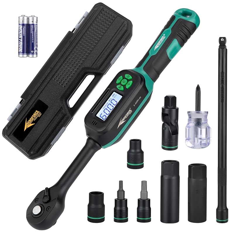 Kit de soquetes magnéticos para velas com chave de torque digital AEROFORCE Professional Tools, acionamento de 9,5 mm (3/8 pol.), 6,8–135 N·m, 9 peças