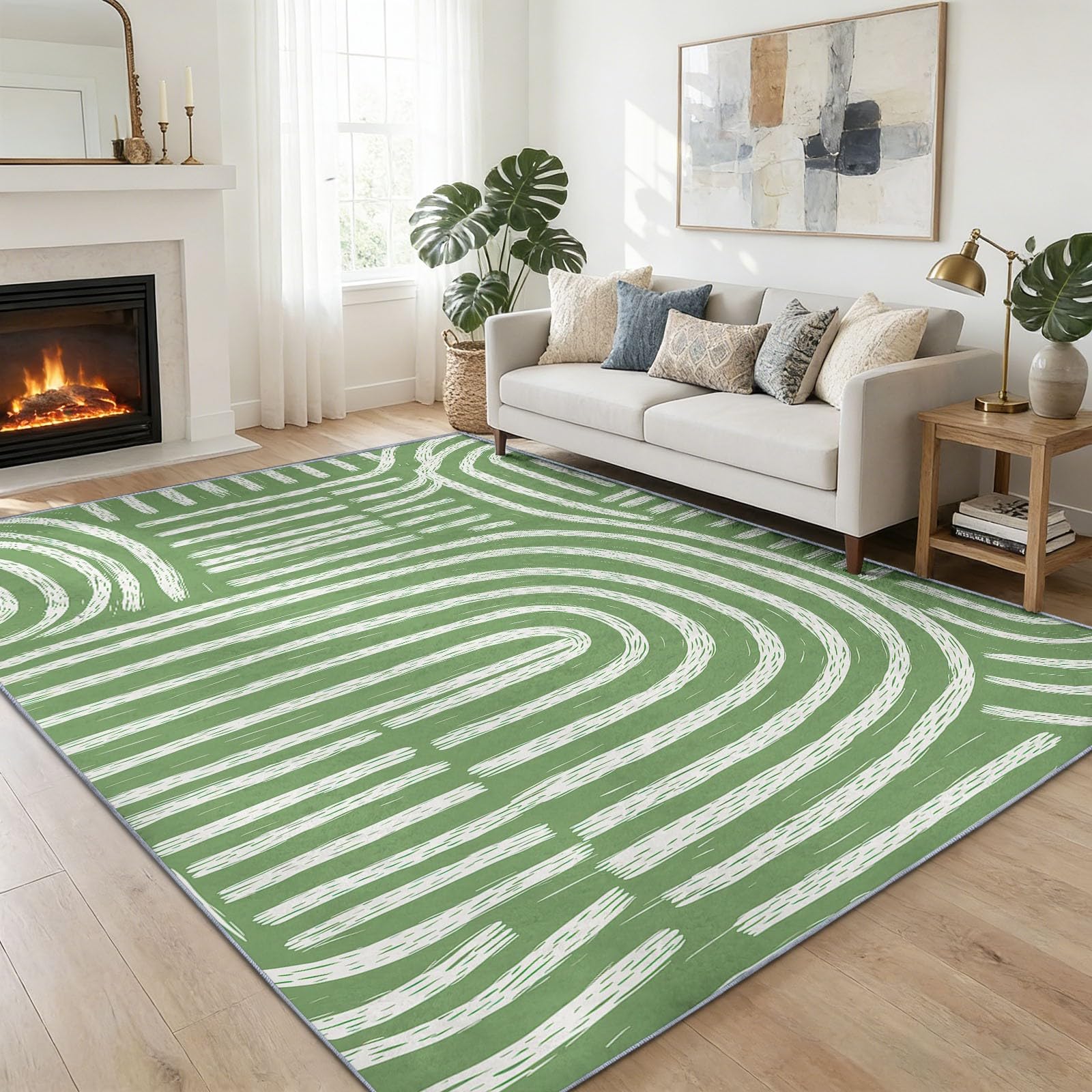 Abstrait Bohème Vert Sauge Tapis Lavable Machine Salon 80 x 150 cm, Tapis Poil Bas Doux Simple Géométrique Demi-Cercle Lignes, Chambre Cuisine Entrée Salle Détente Dortoir Décoration Maison