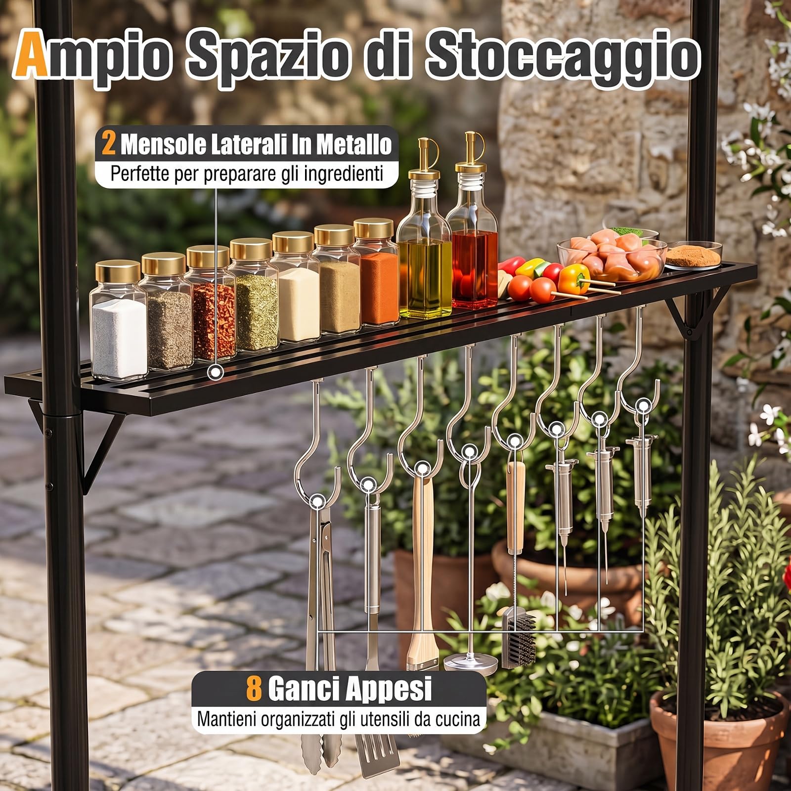 COSTWAY Gazebo Esterno Resistente con Tettoia a Due Livelli, Gazebo per Barbecue con 2 Tavoli da Bar in Metallo e 8 Ganci Laterali, Pergolato da Giardino per BBQ, Feste e Picnic, 245 x 151 x 192 cm