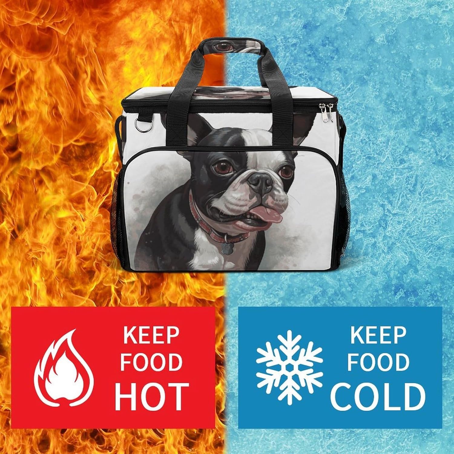 Insulated Picnic Backpack Tote Bag, Large Capacity 30L Boston Terrier Cooler Bag Leakproof Beach Bags Portable Lunch Box Waterproof Picnic Basket for Beach Camping BBQ
