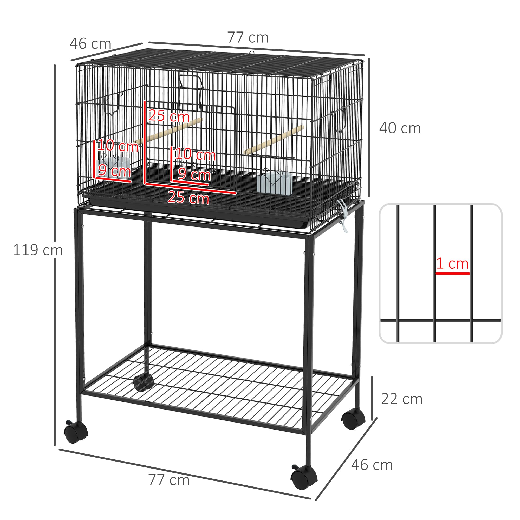 PawHut Gabbia per uccelli 77 x 46 x 119 cm Gabbia in metallo per uccelli con vassoio estraibile grucce mangiatoie per parrocchetti Canarini Nero