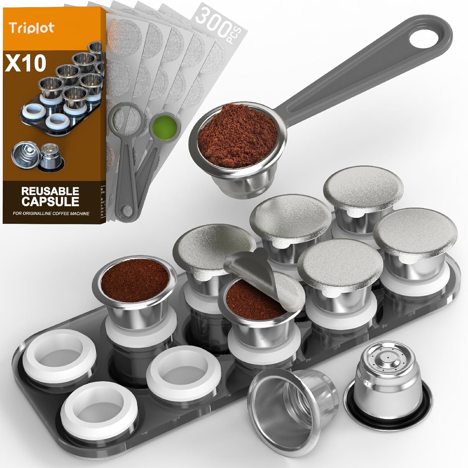 Triplot10pcs Reusable N*espresso OriginalLine Compatible Coffee Capsules with Storage Tray, 10Pods with 300pcs Foil Lids, Pre-fill Design
