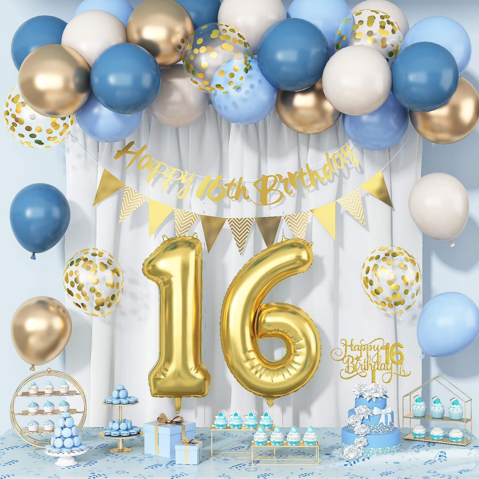 Sweet 16th Birthday Decorations for Boys Girls, Dusty Blue Cream White Gold 16 Balloon Happy 16th Birthday Bunting Banner Cake Topper Number 16 Year