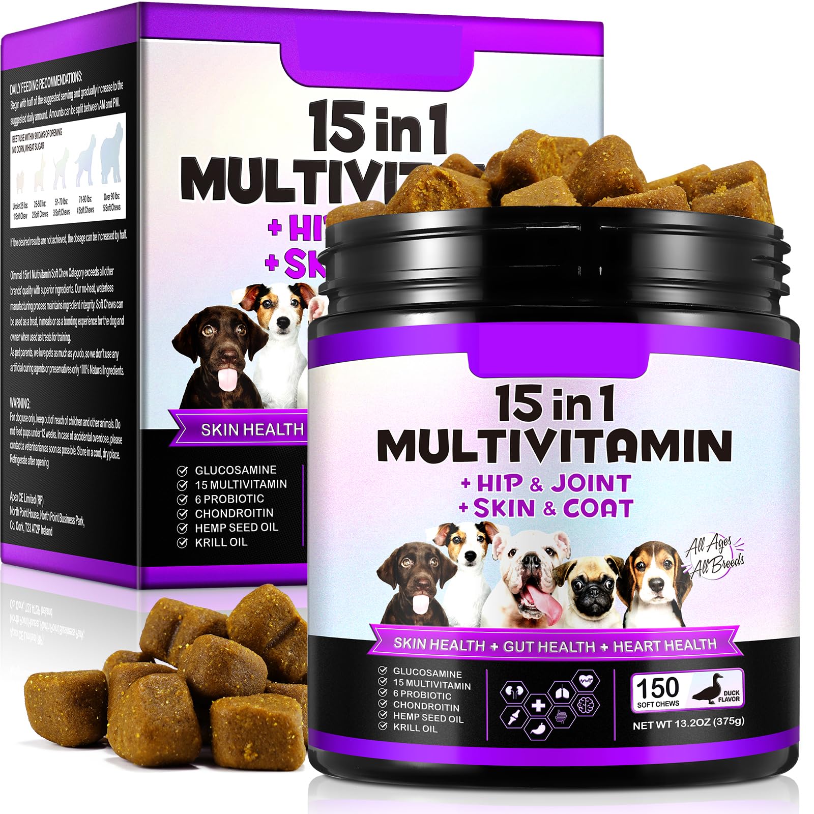 Dog Vitamin Supplements, 15-in-1 Dog Multivitamin, Vitamins for Dogs Hip and Joint, Skin Health, Gut Health, Immune System and Improve Mobility with Vitamin C, Probiotics for Dogs (150 Chews)