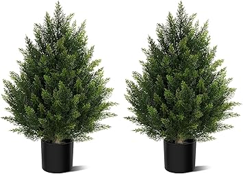 Artificial Topiary Cedar Ball Tree 2ft Tall 2 Set, Indoor Outdoor Faux Potted Boxwood Evergreen Plants, Fake Bushes Shrub Pine Tree for Home Garden Front Porch Decor