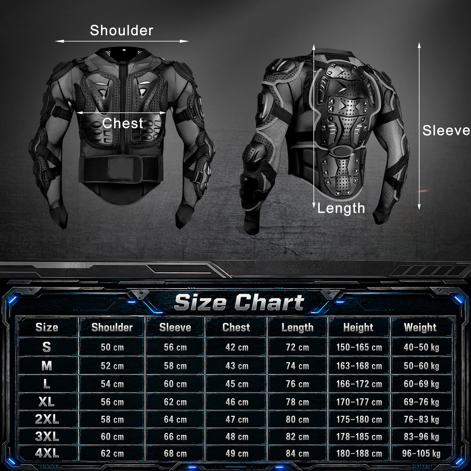 Chaqueta de Protección Moto Pro, Armadura Moto con Espaldera y Protector de Pecho, Chaqueta Moto con Protecciones para Hombre y Mujer, Scooter MTB Enduro Motocross