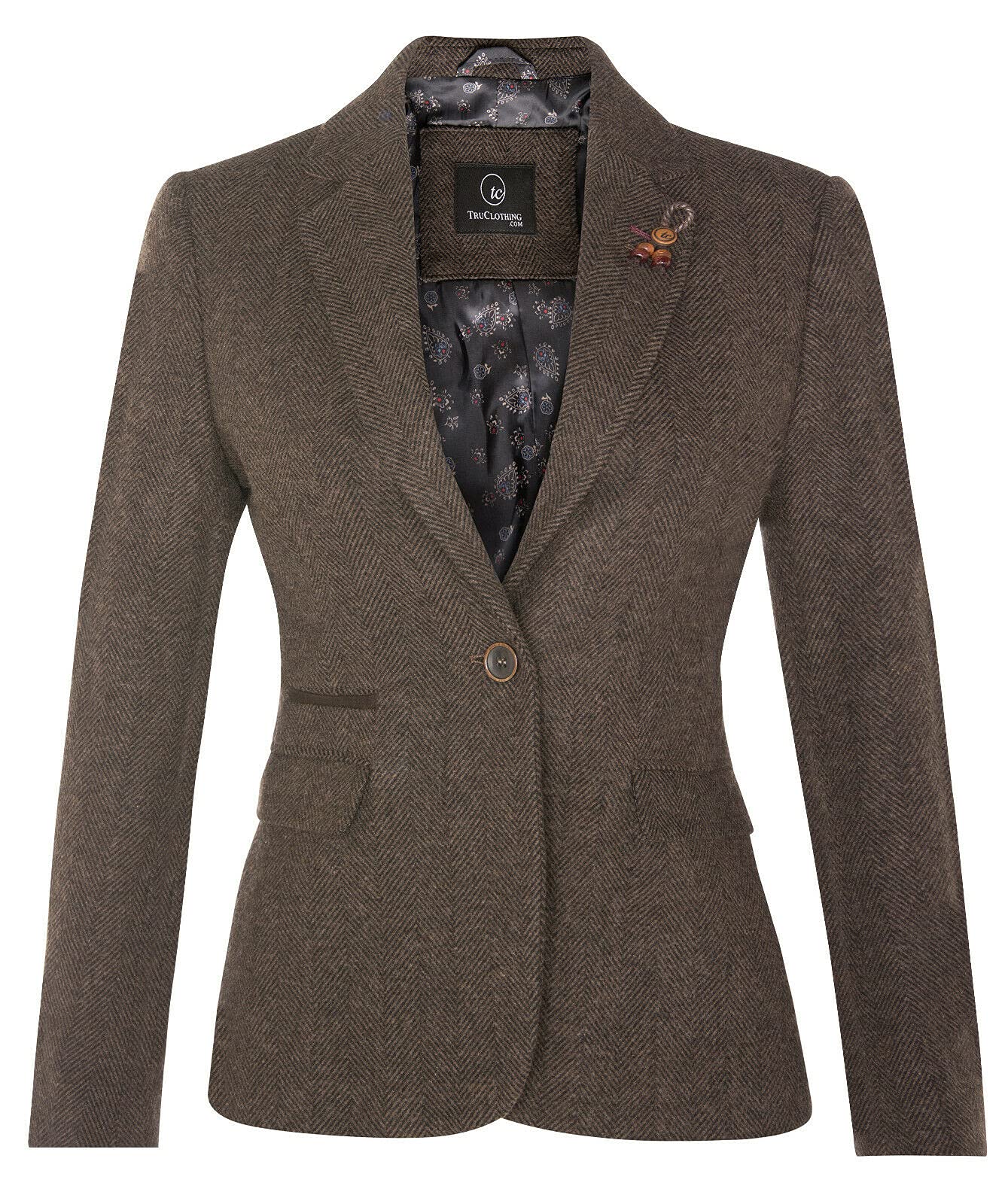Truclothing Women's Brown Tru Clothing Tweed Herringbone Classic 1920S Formal Wool Tailored Blazer With Elbow Patches 18 Xxl