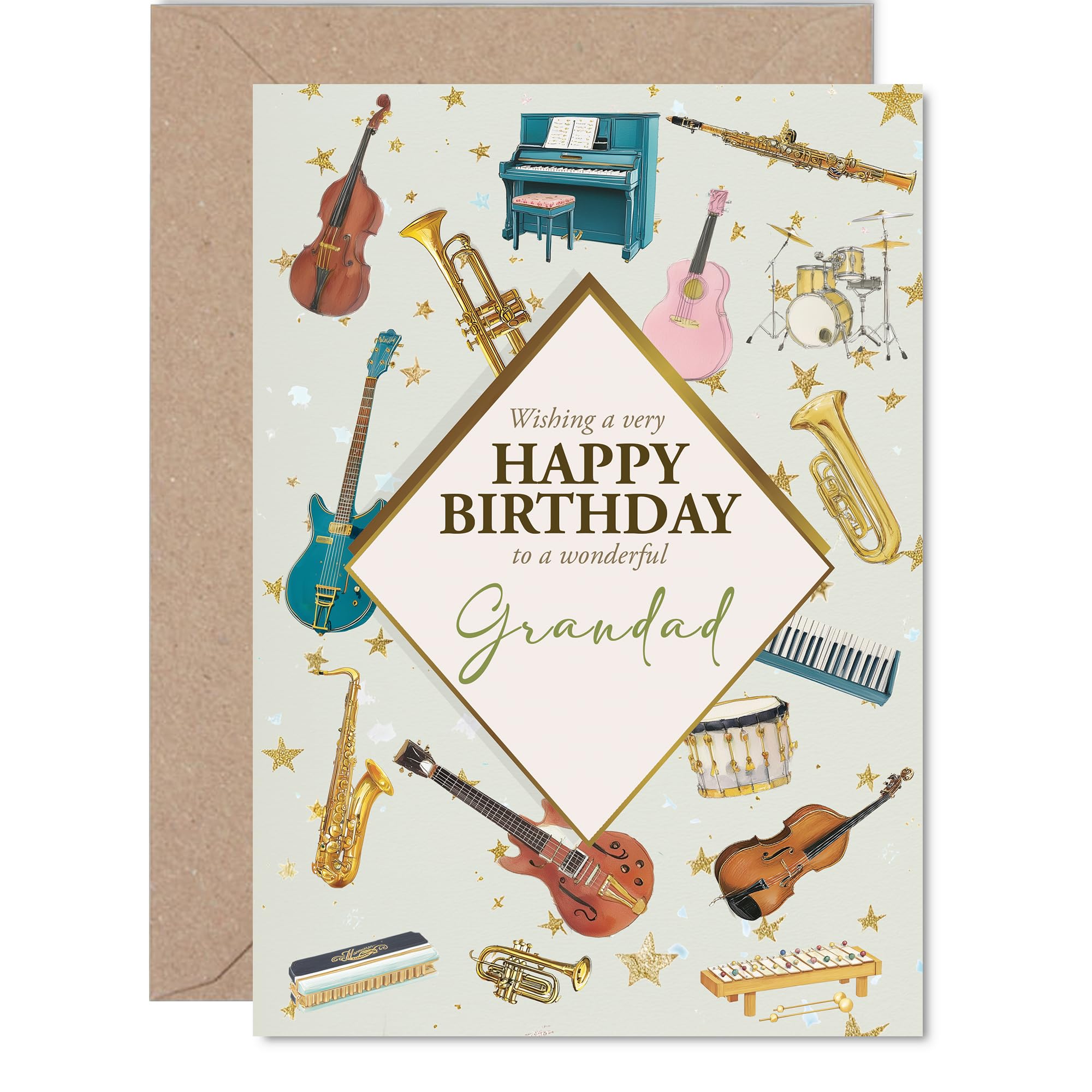 Grandad Birthday Card - Music Lover - Happy Birthday Card for Grandad from Grandson Granddaughter, A5 Bass Acoustic Electric Guitar Bday Greeting Cards