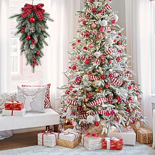 Miniatura 4 de Algado Guirnalda de escalera de Navidad, 21.6 pulgadas, guirnaldas de Navidad de tela roja para decoración, agujas de pino verde, botín de lágrima,