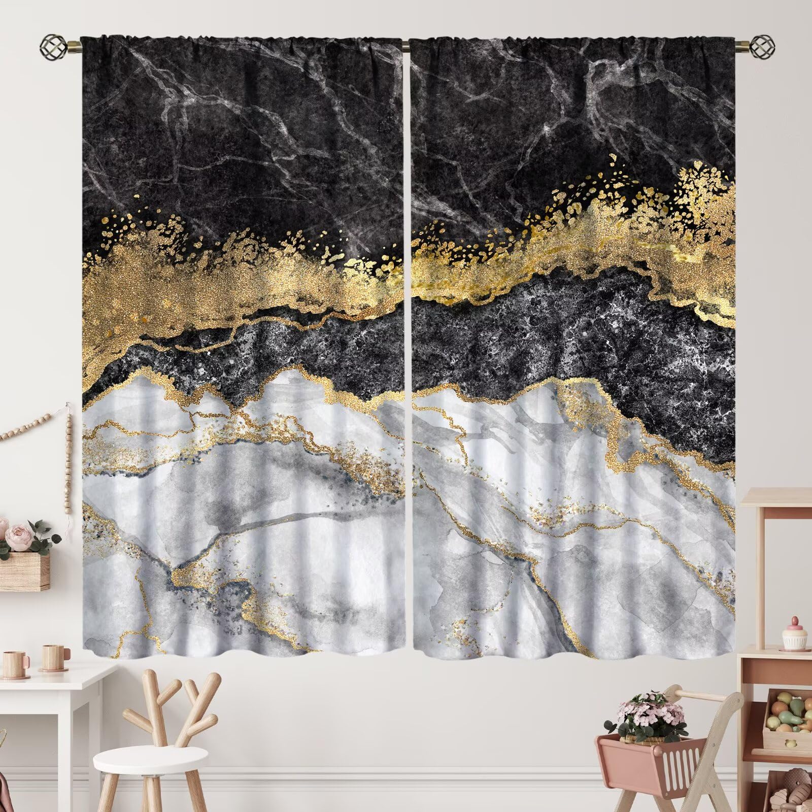 ZhiRain Black and White Marble Curtains Gold Abstract Art Curtain with Rod Pocket for Bedroom Living Room Apartment Decor Drapes Thermal Insulated
