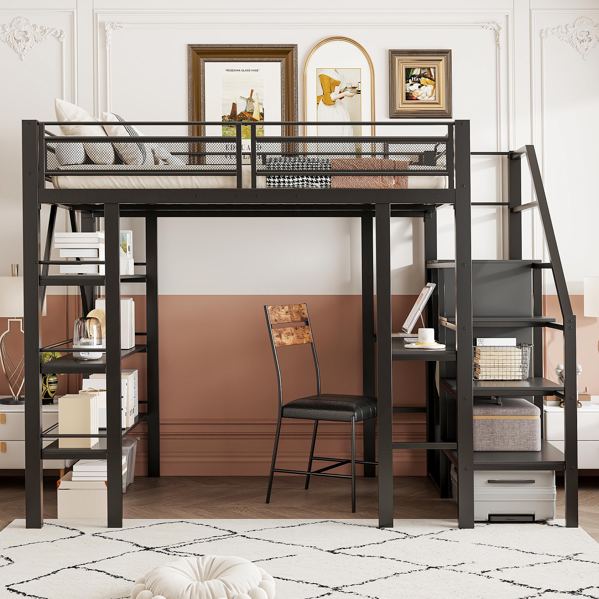 Dolamaní Letto a soppalco in metallo, 140 x 200 cm, per adulti e ragazzi, con mensola, scrivania, vestiti, scale, con vano portaoggetti, design a rete alta, per letto matrimoniale, colore: nero
