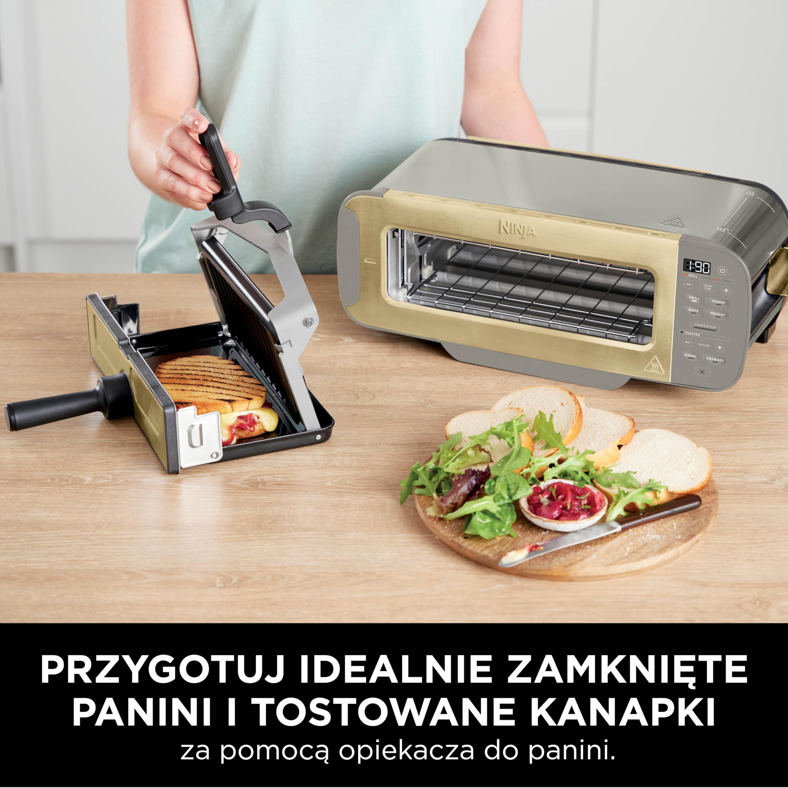 Ninja Foodi opiekacz wielofunkcyjny 3w1 Toster, Grill i Opiekacz do panini, 7 funkcji gotowania, zawiera grill do kanapek panini, blachę do wypieków i tackę na okruchy, kamienne złoto ST202EUSTGD