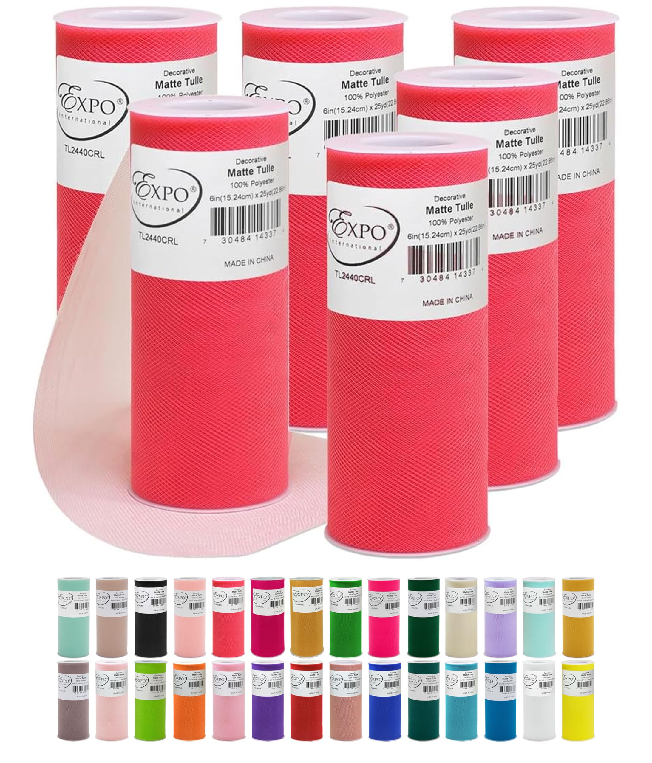 Expo International Decorative Matte Tulle, Roll/Spool of 6 Inch x 25 Yards (Pack of 6), Polyester-Made Tulle Fabric, Matte Finish, Lightweight, Versatile, Washable, Easy-to-Use, Coral