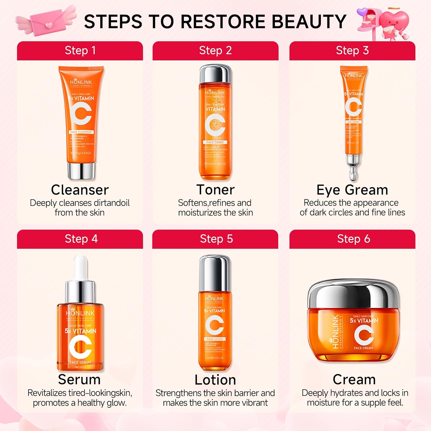 6-Piece Hydrating Skincare Set with Vitamin C & Niacinamide, Face Care Kit Includes Toner, Serum, Cleanser, Moisturizer, Eye Cream & Body Lotion | Valentine’s Day Gift for Women - Image 8