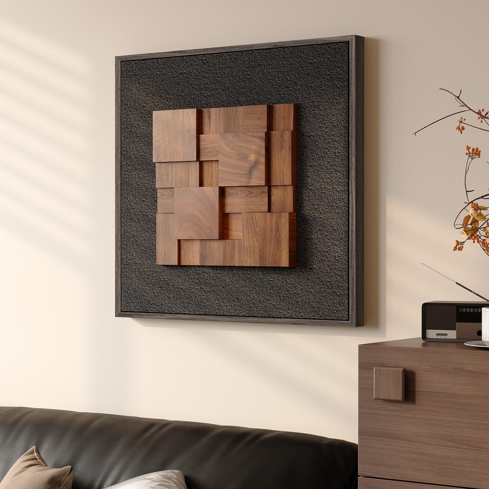 Condition photo showing New/Like New for framed 3d textured wood wall art, modern minimalist black painting artwork for walls, vintage geometric natural wooden wall art decor for living room, hallway, dining room, bedroom, office, 24x24