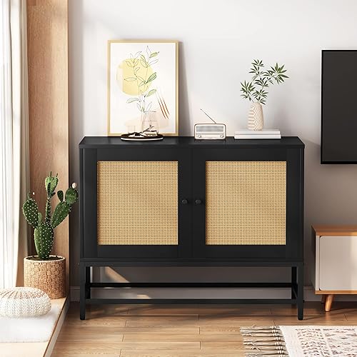 Lamerge Armario de buffet negro con acento de ratán, mesa consola con 4 estantes, estante ajustable, patas de marco de metal, 31.49 pulgadas de