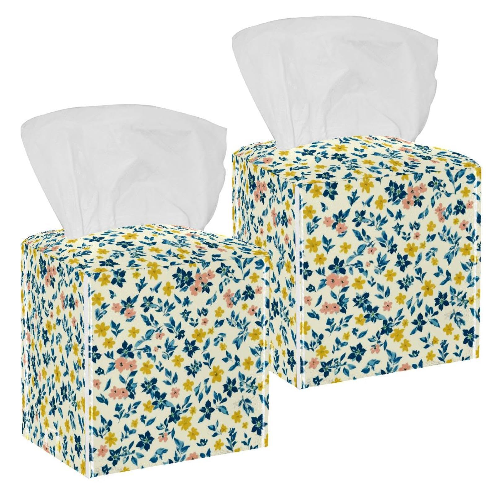 Leaf Tissue Box Cover, 2 Pack PU Leather Square Facial Tissue Dispenser Box holder for Home Office Car