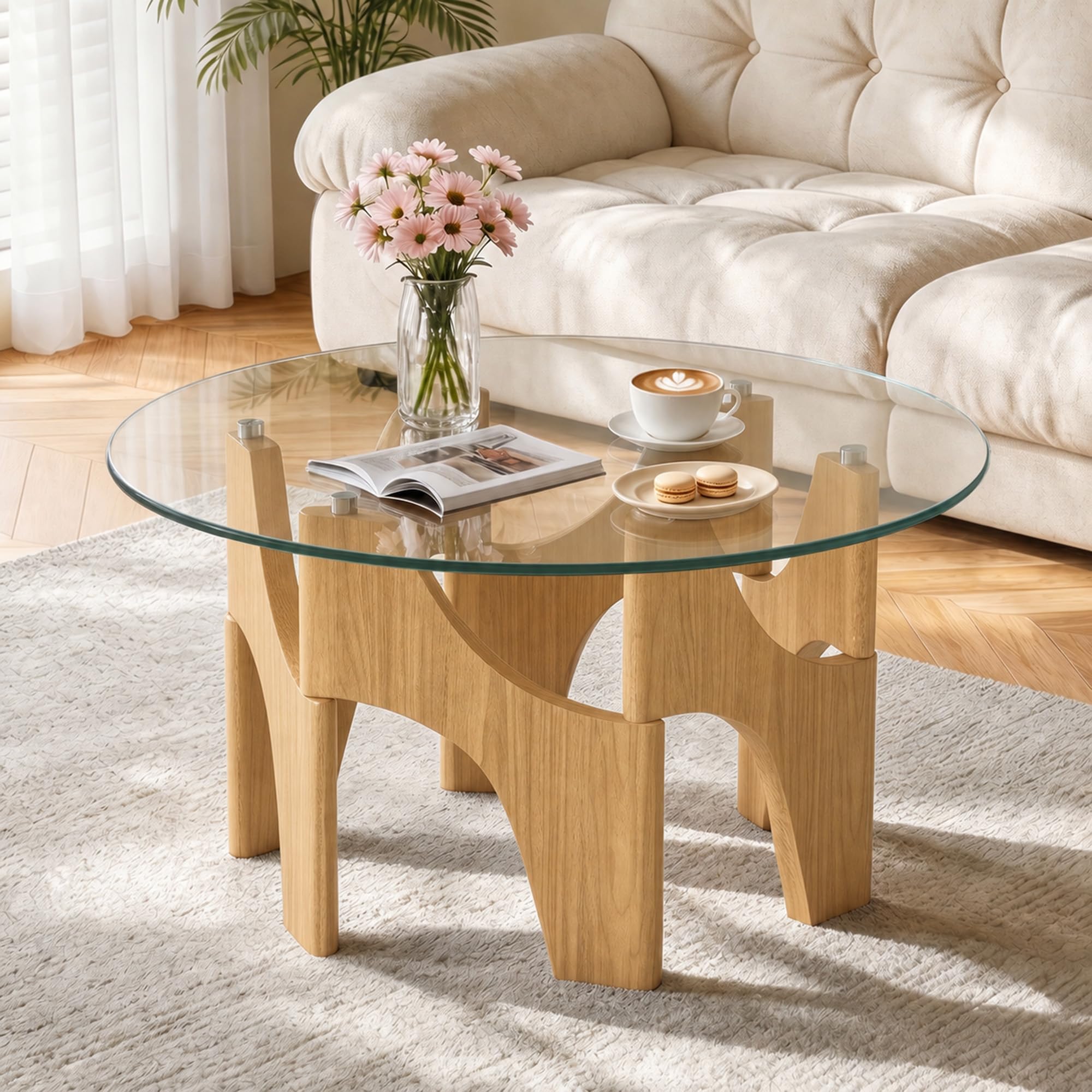Hawthyhome Couchtisch rund aus Glas mit skulpturalem Sechseck-Gestell | Sechseck-Design mit 8 mm Sicherheitsglas, als Sofatisch für Wohnzimmer, Arbeitszimmer, Lounge und kleine Räume