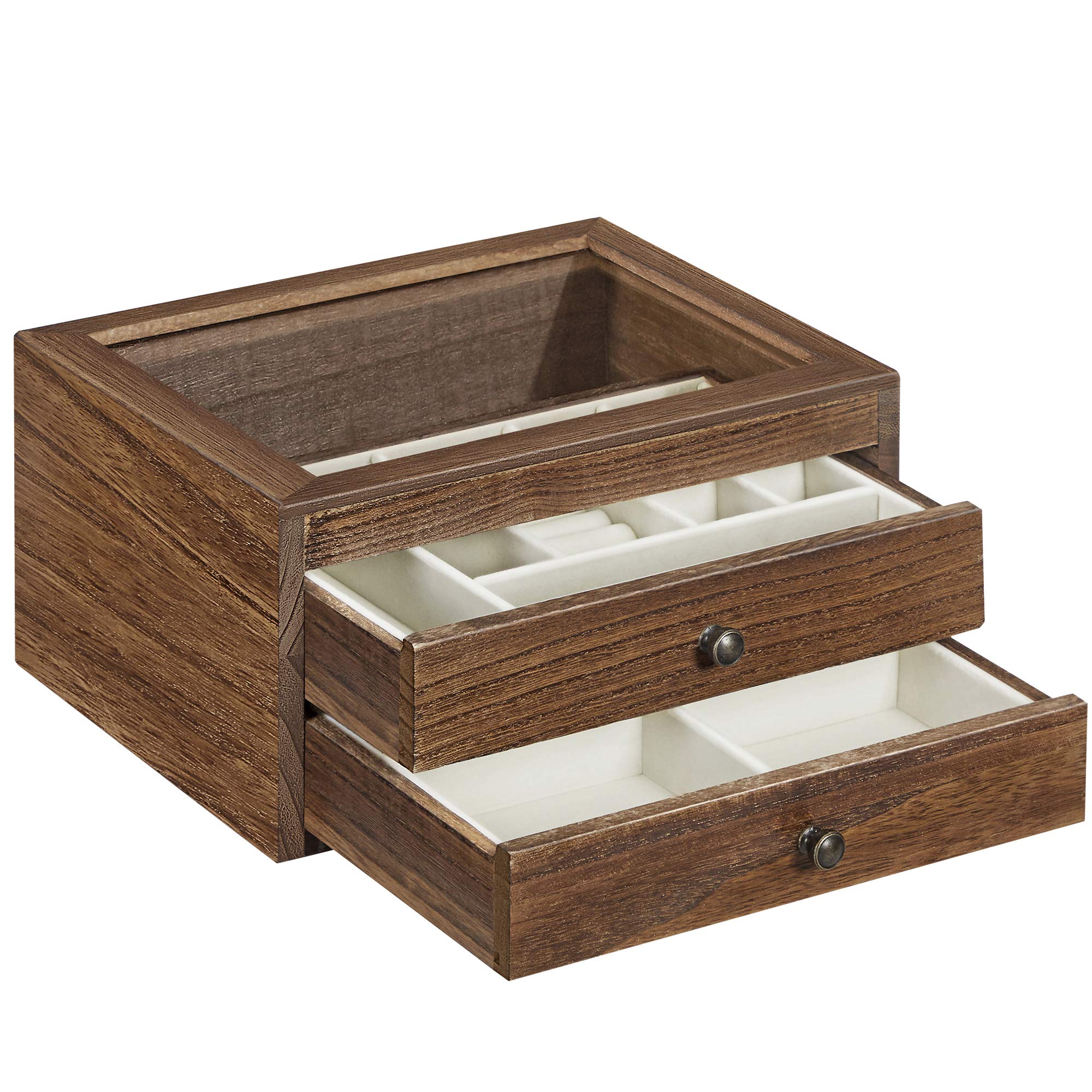 SONGMICS Jewellery Box, 2-Tier Wooden Jewellery Case, Jewellery Organiser with Glass Top, for Rings, Necklaces, Earrings, Bracelets, Brown JOW017K01