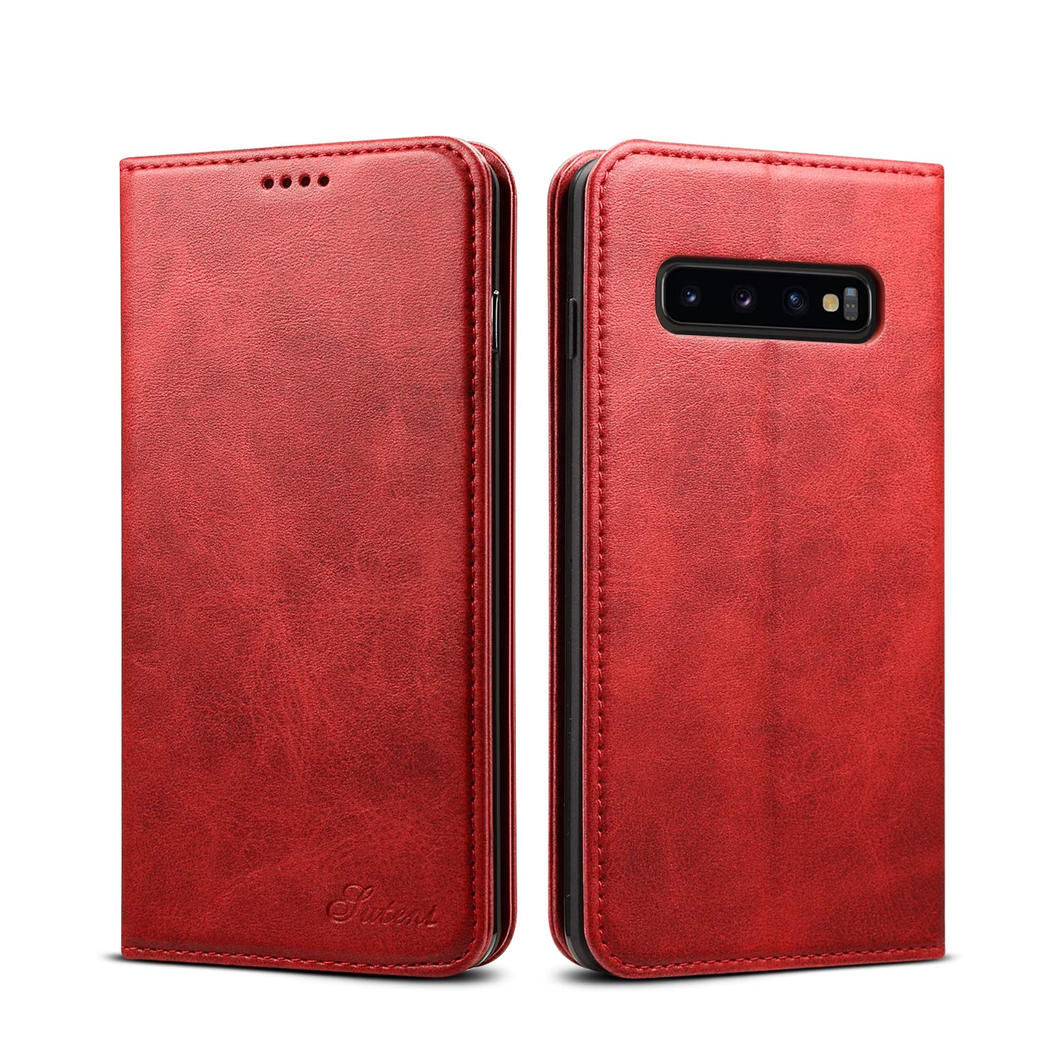 Samsung Galaxy S10 Plus S10+ Wallet Phone Cover Leather 6.4 inch,TACOO Kickstand Fold Card Money Slot Protective Slim Fit Women Men Cover Compatible with S10p 2019-Khaki Red