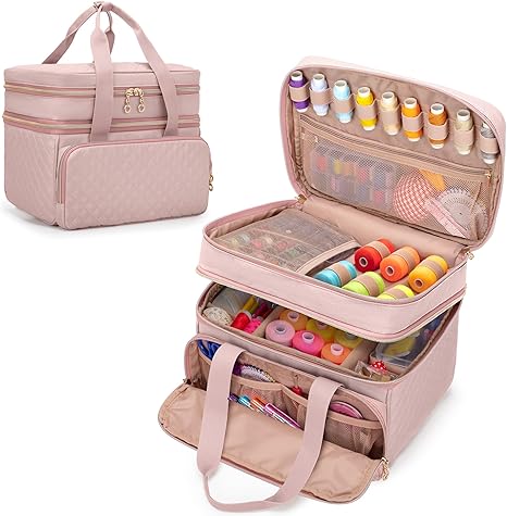 YARWO Double-Layer Sewing Supplies Organizer with 5 Customized Dividers, Portable Sewing Accessories Storage Bag with Multi Pockets for Sewing Kits and Tools, Dusty Rose