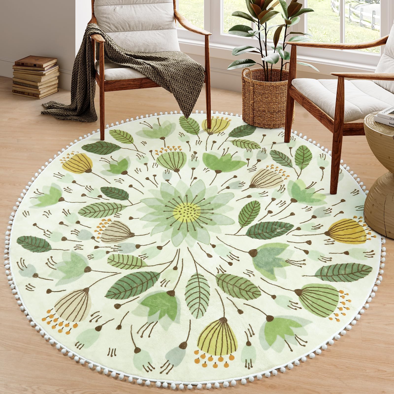 Circle Rug Pom Uphome Round Throw Rugs for Bedroom 4' Circle Cute Area Rug with Pom ...