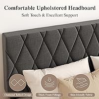 Vista 4 de Base de cama tamaño Queen con cabecera capitonada de diamante, cama con plataforma tapizada de lino y soporte de listones de madera, sin ruido,