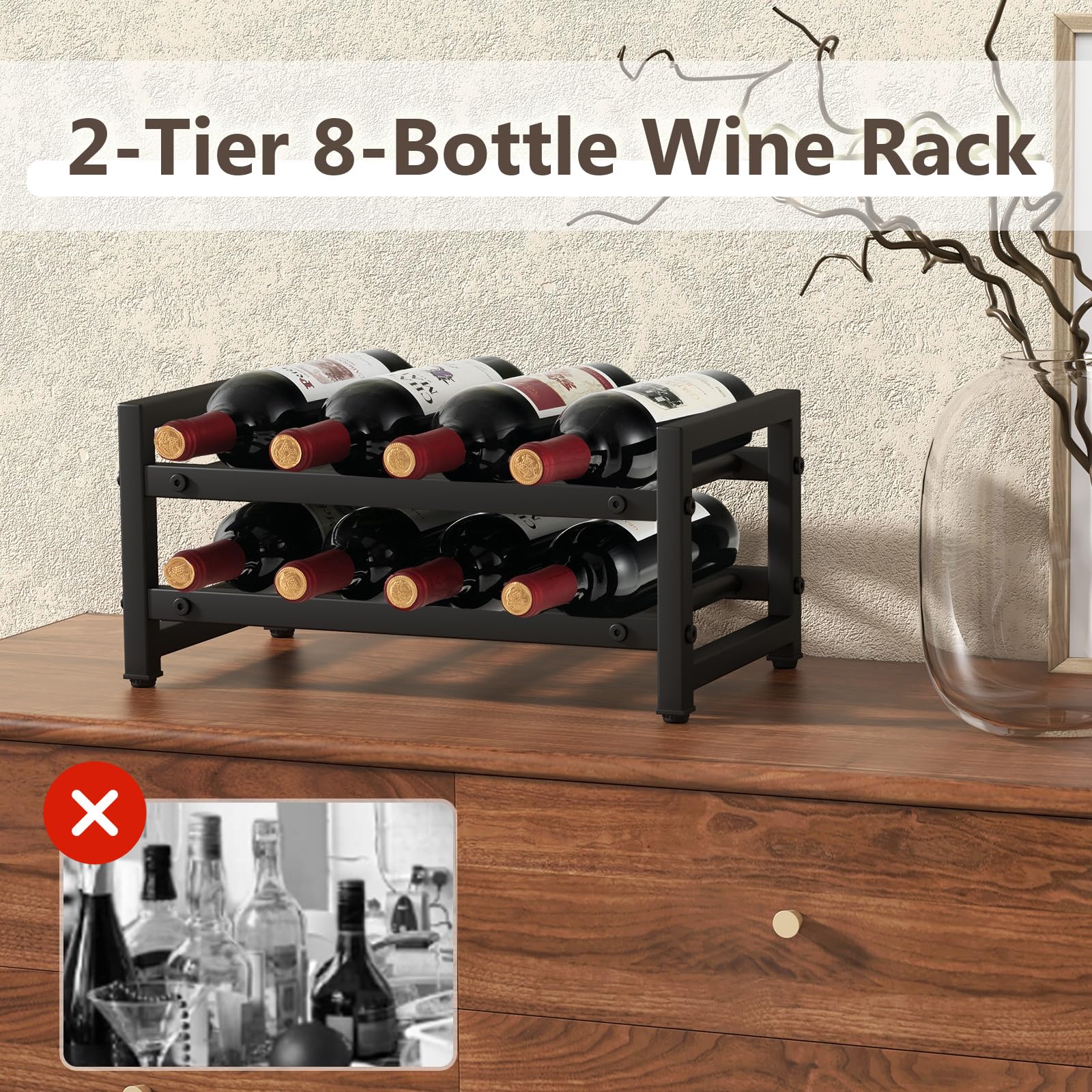 GOPLUS Botellero de 2 niveles para 8 botellas, soporte para botellas de vino, de metal, para cocina y bar, 42,5 x 24,5 x 20,5 cm