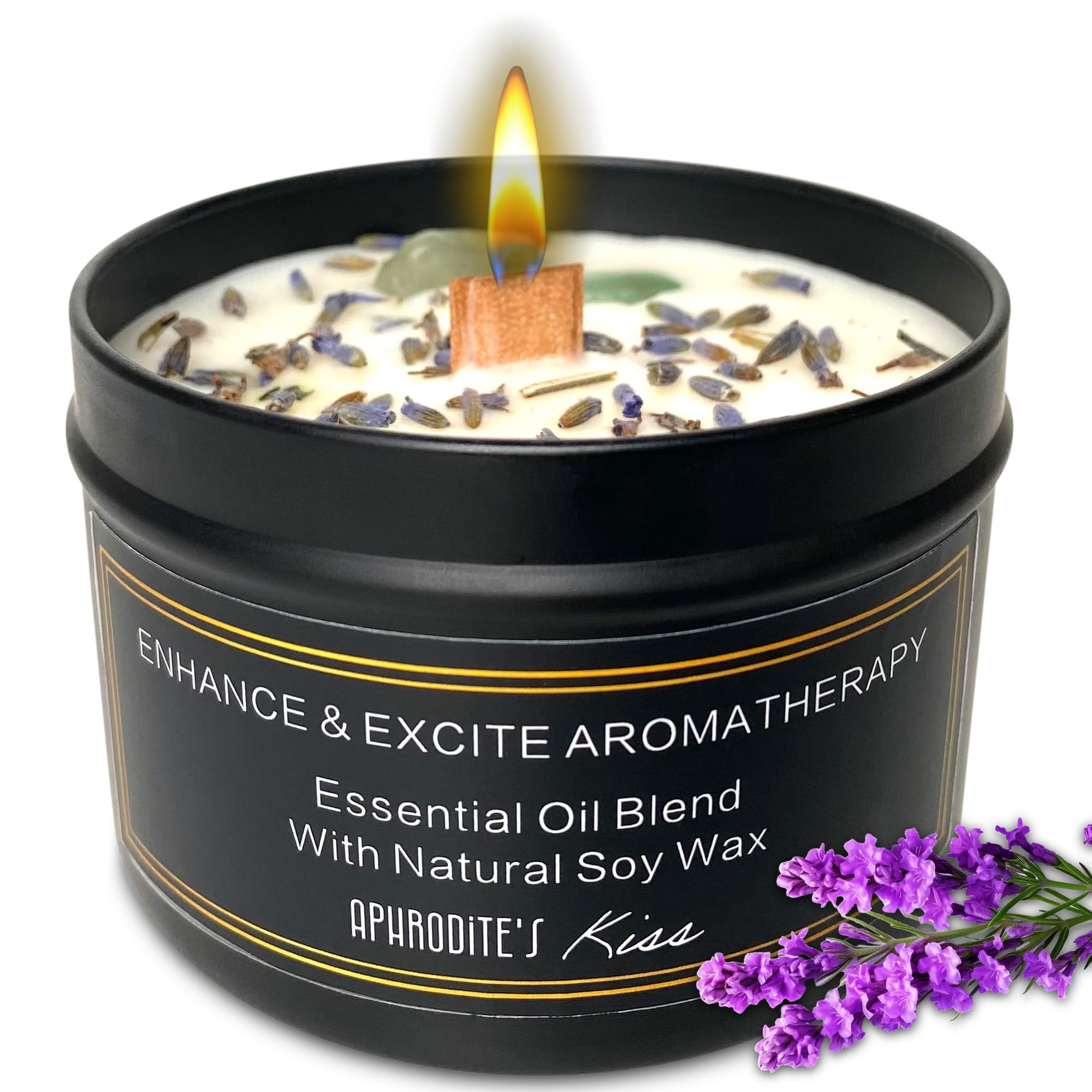 Generic 100% Soy Candle, Non-Toxic, Lavender Aphrodisiac Scented, with Jade Crystals | 10oz, Wood-Wick | Aromatherapy | Black Candle | Gifts for Women, Men, Anniversary, Birthday