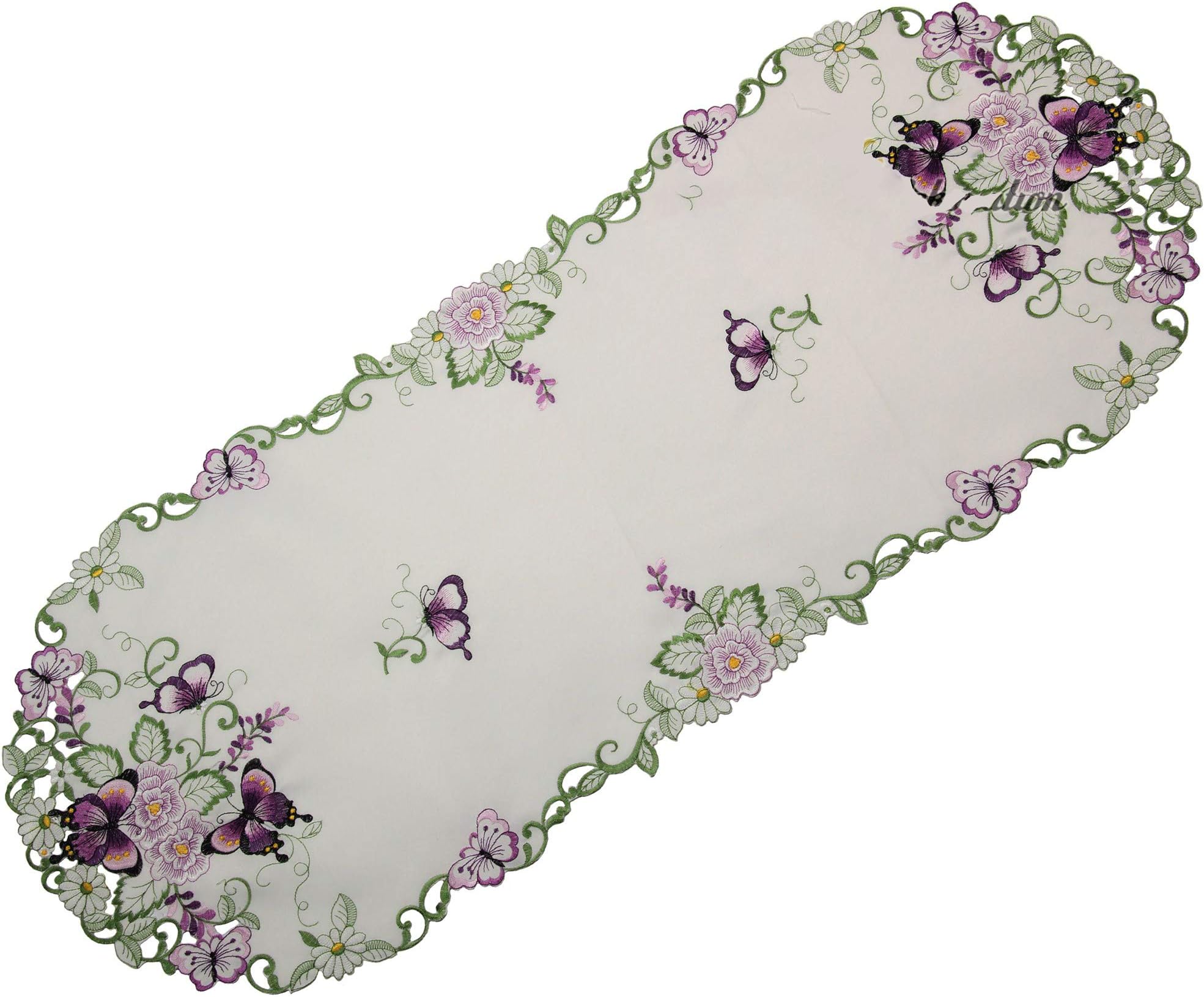 Quinnyshop Purple Butterflies and Flowers Embroidery Table runner 18-inch-by-43-inch/ 45 x 110 cm Oval Polyester, White