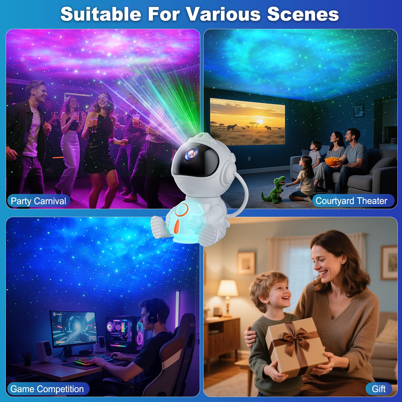 Proyector estrellas techo, LED astronauta proyector estrellas mando a distancia, 8 modos de nebulosa & 5 modos de luminosidad y velocidad, luz nocturna de cohete, lámpara proyector estrellas niños