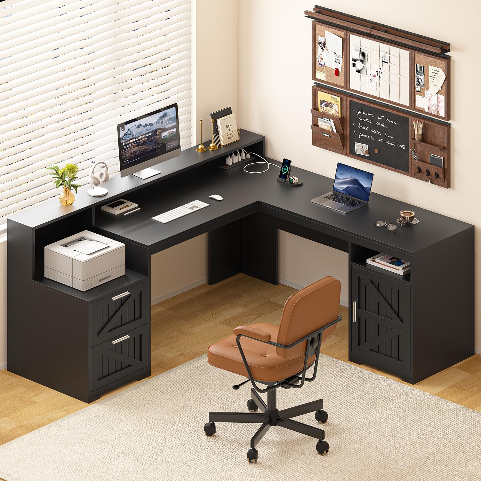 YOMILUVE 63" Farmhouse L Shaped Desk with Drawers & Storage Shelf, Corner Computer Desk with Power Outlets for Home Office, Executive Desk with Monitor Stand, Printer Shelf, Black