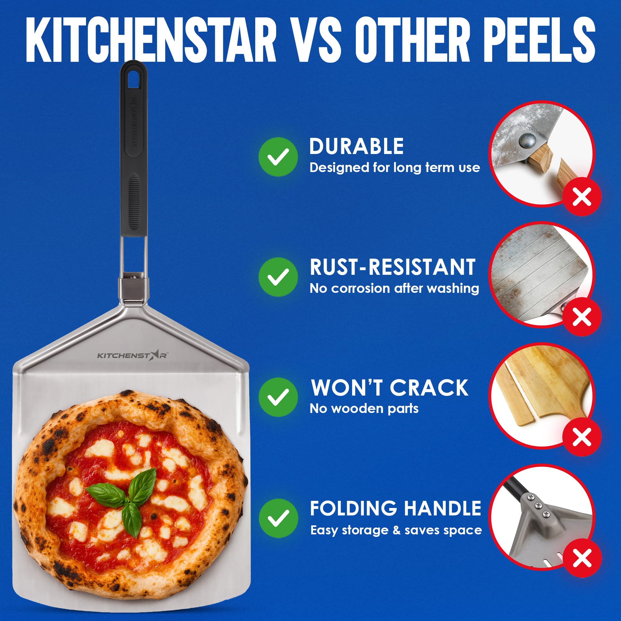 KitchenStar Pala de pizza de acero inoxidable de 12 pulgadas con mango plegable largo (no perforado)