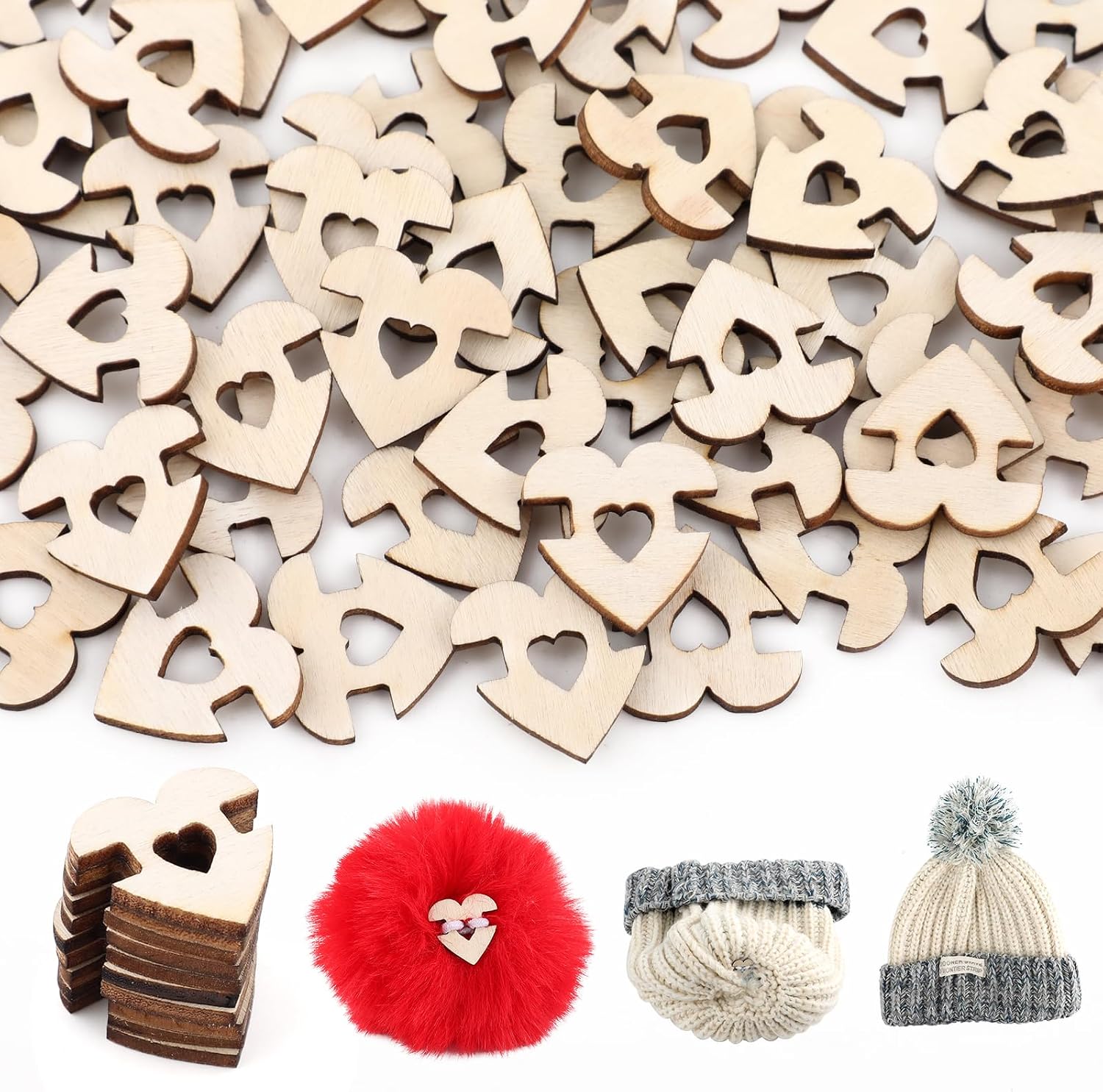 60 Pcs Pom Pom Buttons for Hats,20mm Wooden Handmade Love Buttons,Removable Faux Fur Pom Pom Fasteners for Knitting,Beanies,DIY Craft Decoration(Style C)