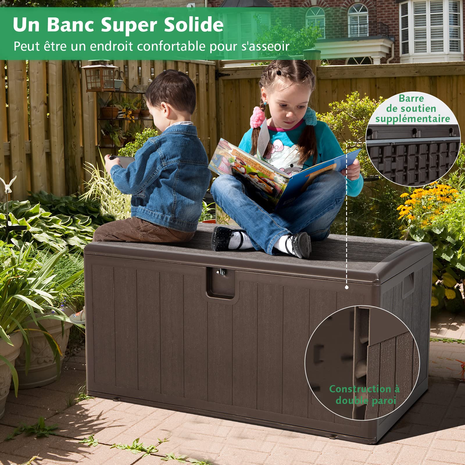GOPLUS 400 L Coffre de Jardin Extérieur, Coffre de Rangement pour Patio avec Couvercle Verrouillable pour Maison Piscine Jardin,128 x 64 x 64 cm,