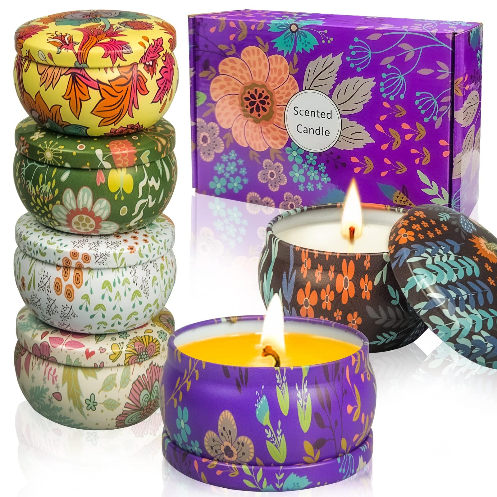 6 Pcs Scented Candles Gifts Set for Women, Lavender, Rose, Rosemary, Jasmine, Vanilla and Gardenia, Natural Soy Wax