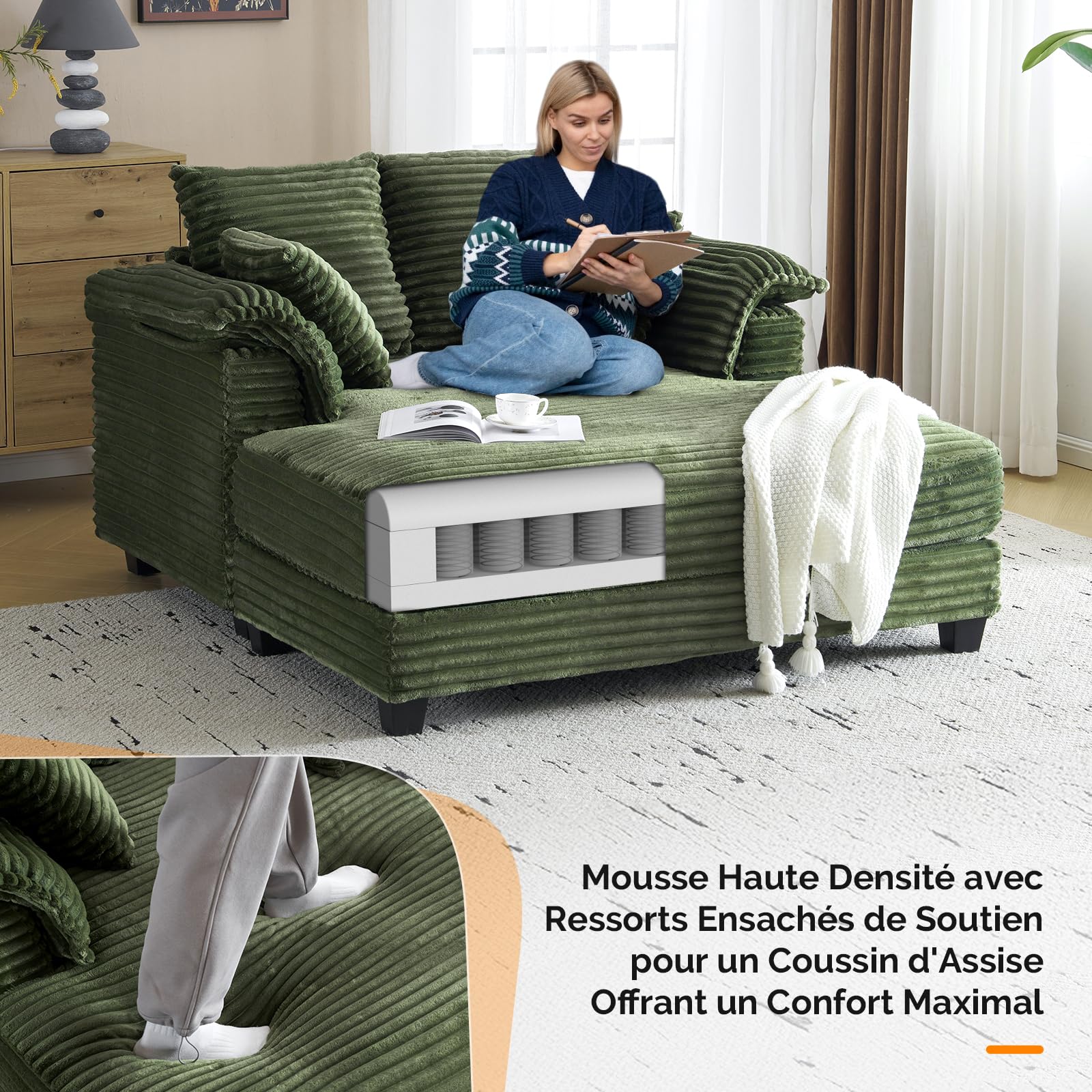 VINGLI Canapé-Lit 2 Place, Fauteuil Longue Confort, Méridienne avec Accoudoirs Courbés, Grand Sofa Accompagné avec Coussins Lombaire, Lit d'Appoint pour Salon, 142 x 151 x 86 cm, Velours Côtelé, Vert