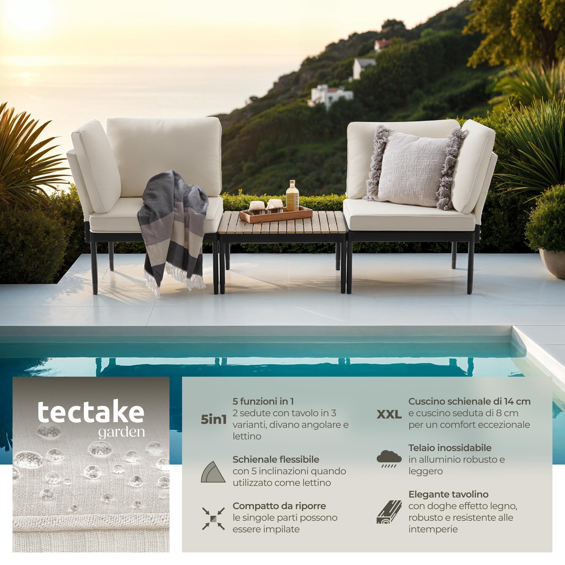 tectake® Set salotto da giardino 5in1, schienale regolabile, tavolino effetto legno, telai in alluminio, cuscini idrorepellenti, braccioli con tasca, divanetto da esterno, set salotto sedie e tavolo
