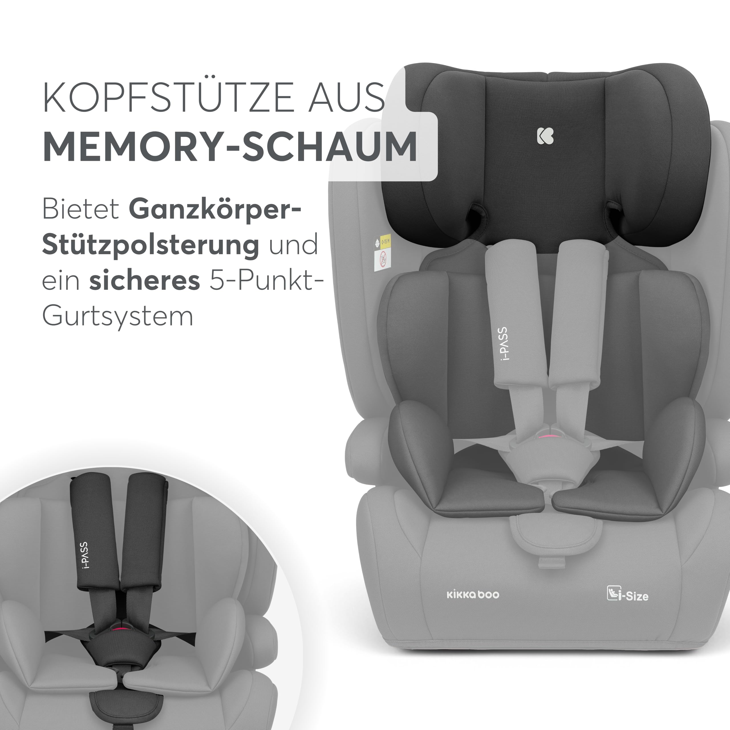KikkaBoo Auto Kindersitz 9-36 kg i-PASS i-Size Gruppe 1/2/3 76-150 cm Schwarz