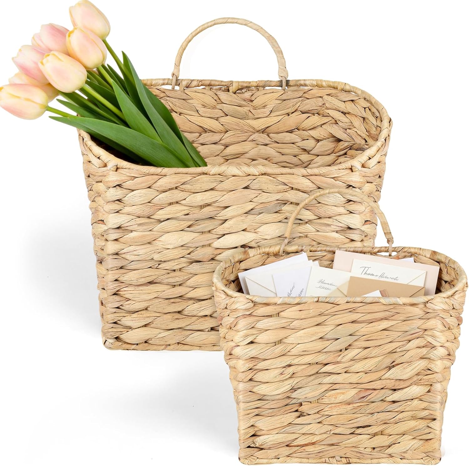 Set of 2 Hanging Baskets, Wicker Hanging Baskets Natural Water Hyacinth, Woven Baskets for Organization and Decoration, Hanging Storage Baskets for Farmhouse, Doors, Entrances, Flowers, Mail, Plants