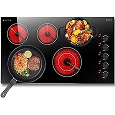 Karinear 24 inch Electric Stainless Steel Cooktop, 5200W Electric Hob for Cooking, Built-in and Countertop Ceraminc Stove Top with 4 Burners, Knob Control, 16 Power Levels, 220-240V, No Plug